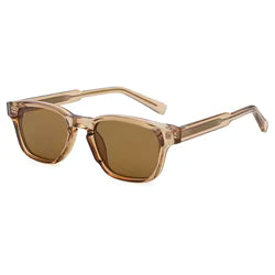 square retro style with a transparent, clear-tinted acetate frame and brown lenses