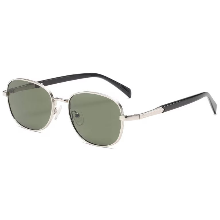 retro oval sunglasses with a thin metallic frame feature deep green-tinted lenses