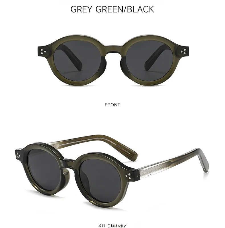 retro round-frame sunglasses featuring dark tinted lenses and dual-dot rivet accents