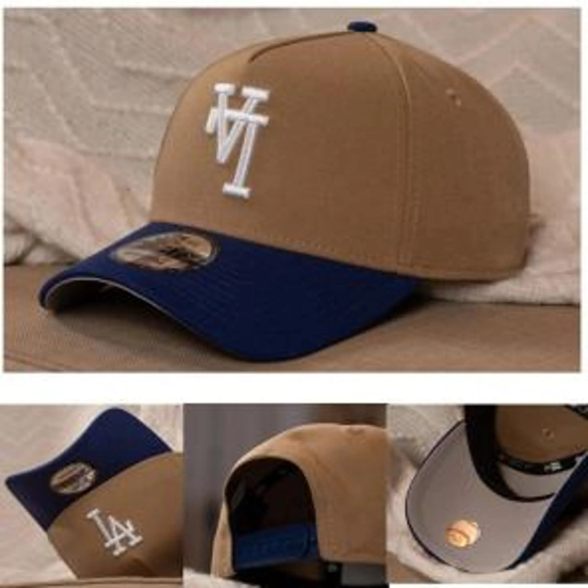 New Era MLB Los Angeles Dodgers "Upside Down" Logo 9FORTY A-Frame Snapback Hat in the Khaki / Royal Blue colorway.