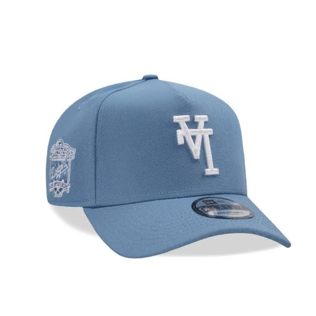New Era Los Angeles Dodgers Upside Down Logo 9FORTY A-Frame Snapback Hat in a sky blue colorway.