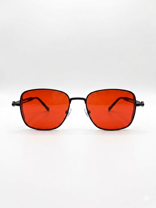 Retro-Geometric Metal Sunglasses – Black w/ Crimson Tint Lenses