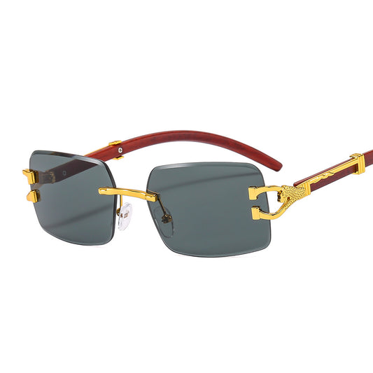 Rimless Panther Rectangle Sunglasses – Gold & Light Wood w/ Dark Smoke Lenses