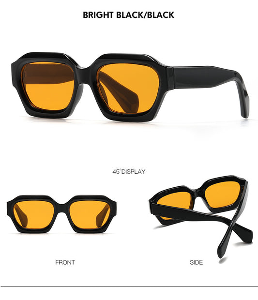 Chunky Geometric Sunglasses – Gloss Black w/ Vibrant Orange Lenses