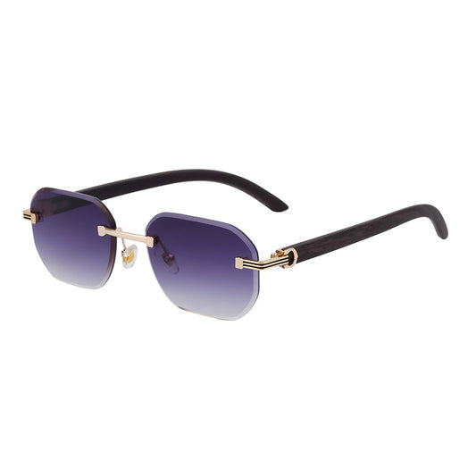 Rimless Geometric Sunglasses – Gold & Dark Wood w/ Purple Gradient Lenses