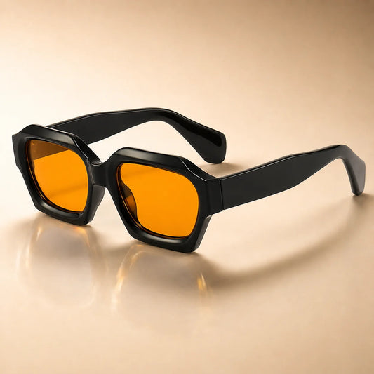 Chunky Geometric Sunglasses – Gloss Black w/ Vibrant Orange Lenses