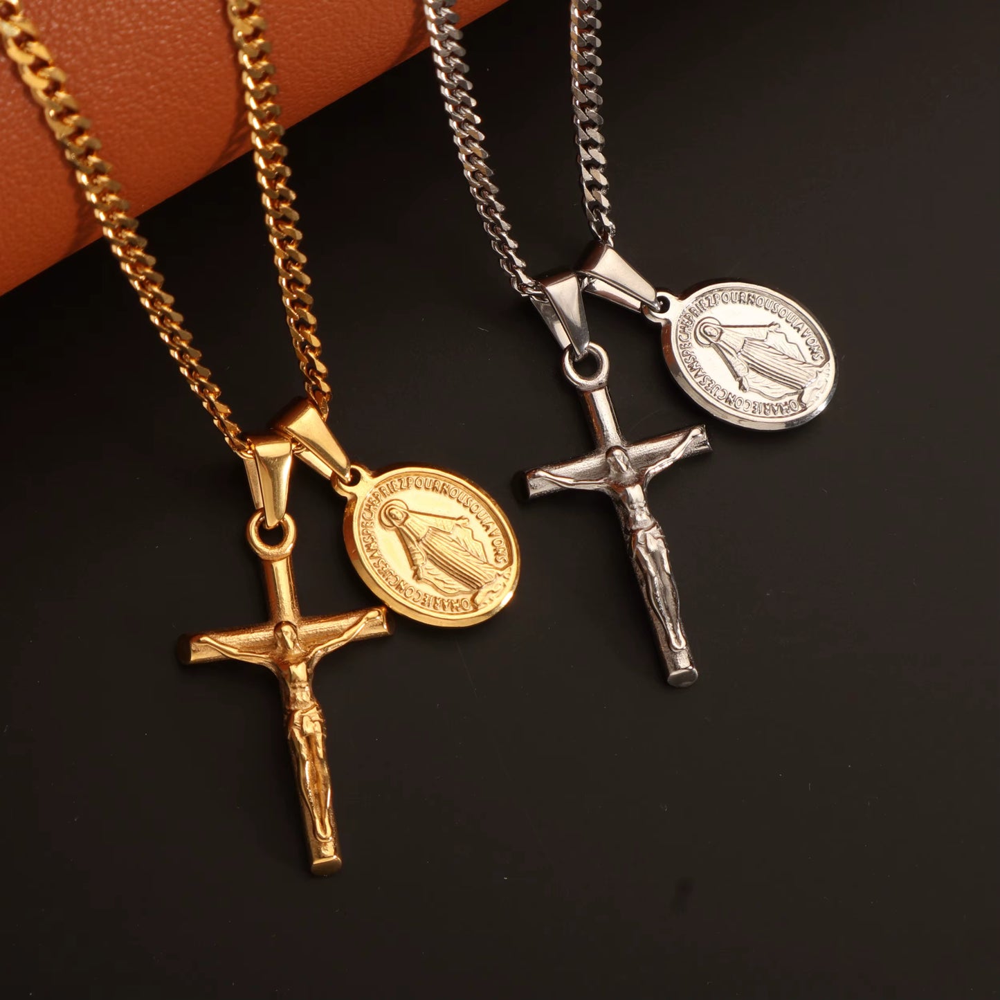 Crucifix Jesus Christ & Virgin Mary Double Pendant Necklace