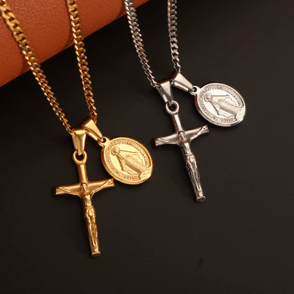 Crucifix Jesus Christ & Virgin Mary Double Pendant Necklace