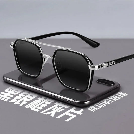 Geometric Double-Bridge Sunglasses – Black & Silver w/ Light Smoke Lenses