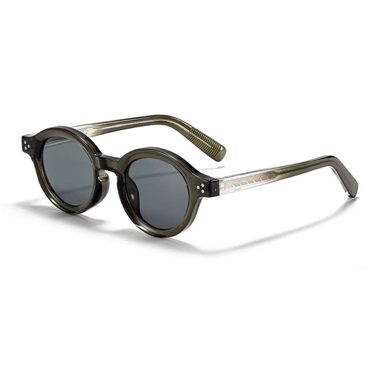 retro round-frame sunglasses featuring dark tinted lenses and dual-dot rivet accents