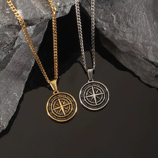 Compass Pendant. with Cuban Chain Men's Necklace