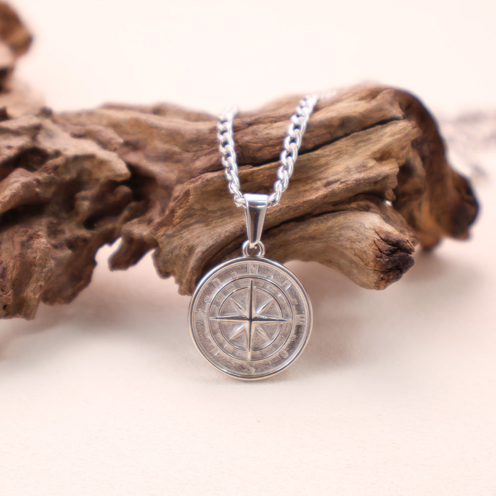 Mens Silver Compass Pendant Necklace
