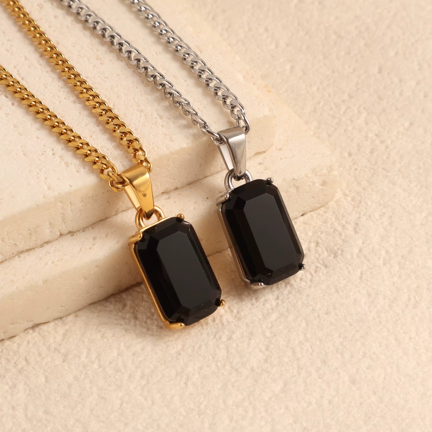 Stylish Stainless Steel Black Onyx Stone Pendant Necklace (In Gold & Silver)
