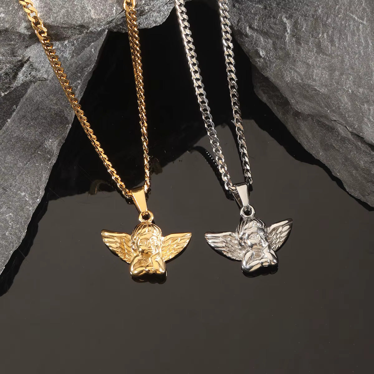 Angel Pendant with Cuban Chain Men Necklace