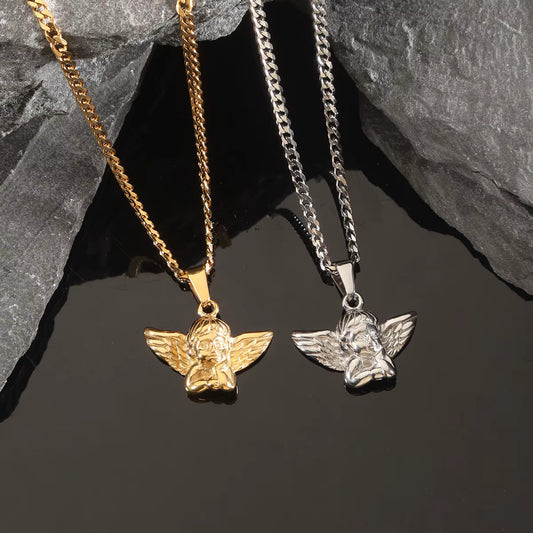 Angel Pendant with Cuban Chain Men Necklace