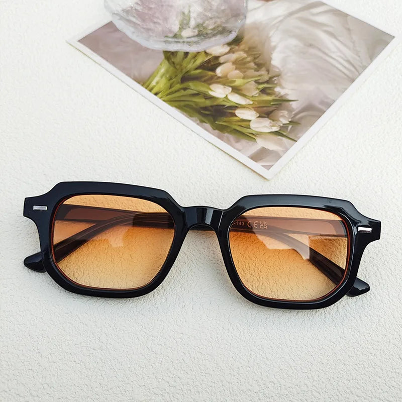 Sculpted Hex-Square Sunglasses – Gloss Black w/ Amber Gradient Lenses