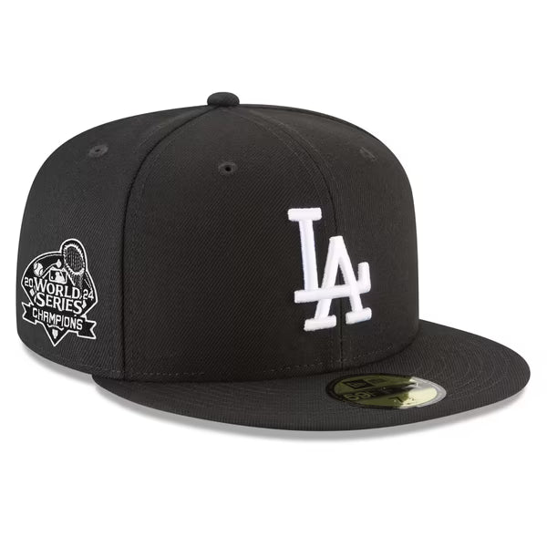 This item is a New Era Los Angeles Dodgers World Series Patch 59FIFTY Fitted Hat. It features the classic white embroidered "LA