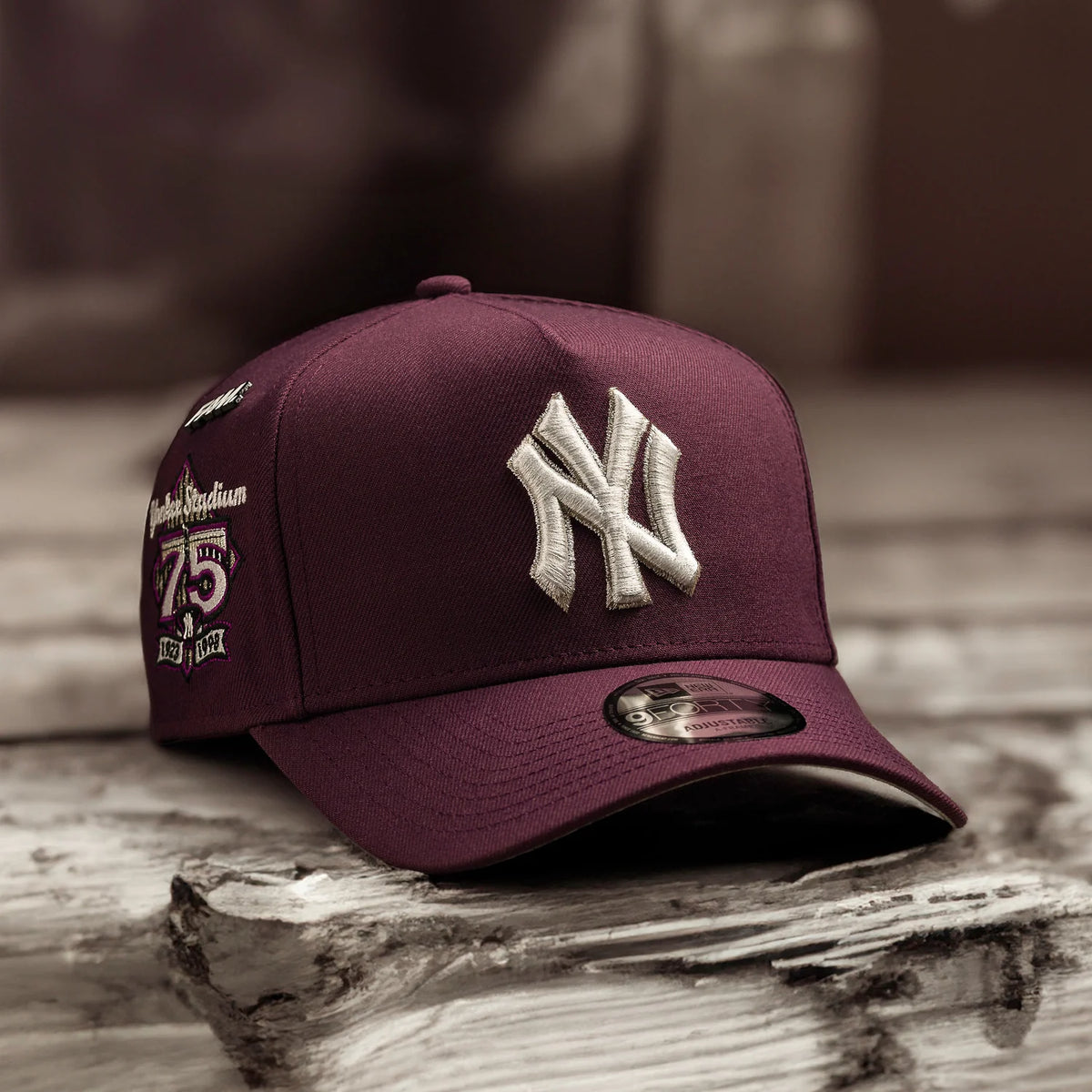 New Era New York Yankees Yankee Stadium 75th Anniversary 9FORTY A-Frame Snapback Cap in a dark maroon colorway