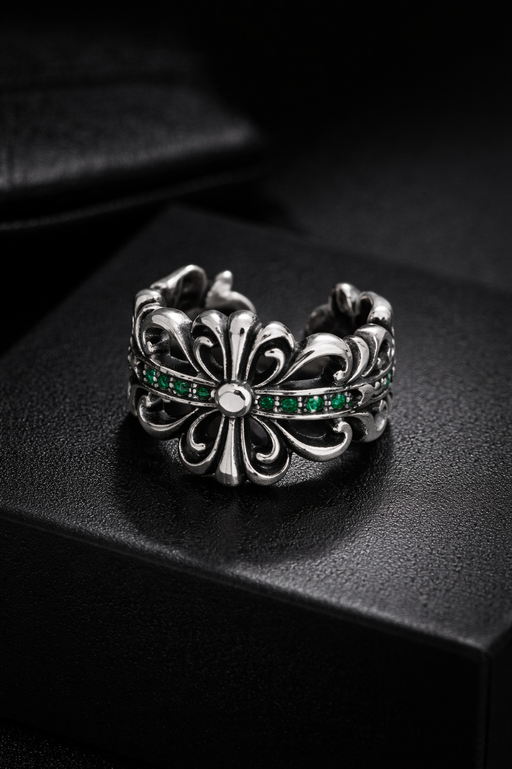 Double Floral Cross Emerald Ring