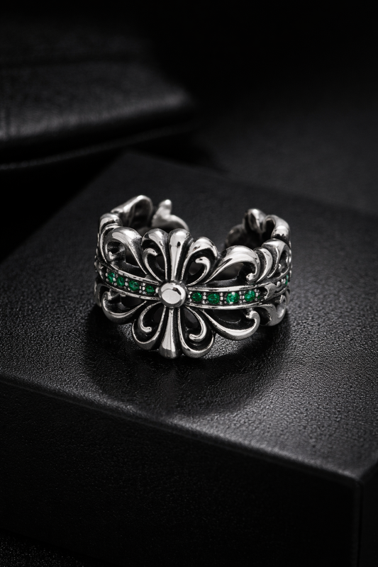 Double Floral Cross Emerald Ring