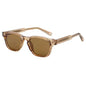 square retro style with a transparent, clear-tinted acetate frame and brown lenses