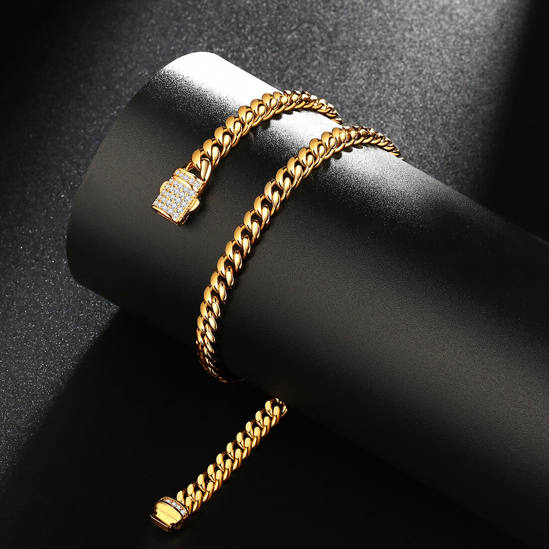 Miami Cuban link bracelet with an iced-out crystal box lock.