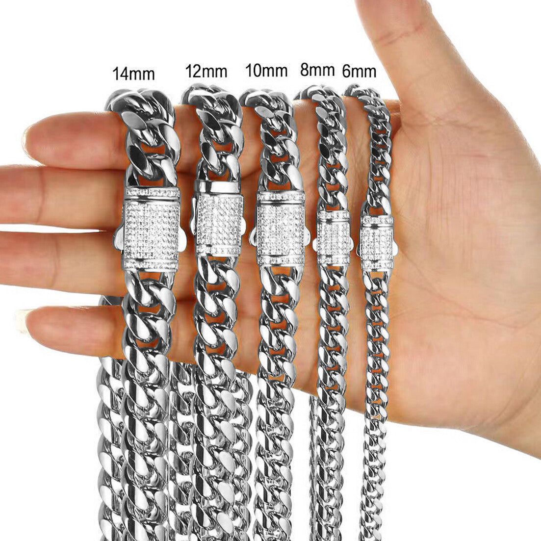 Miami Cuban Link chains in varying millimeter widths, ranging from 8mm to 14mm