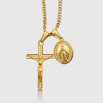 Crucifix Jesus Christ & Virgin Mary Double Pendant Necklace