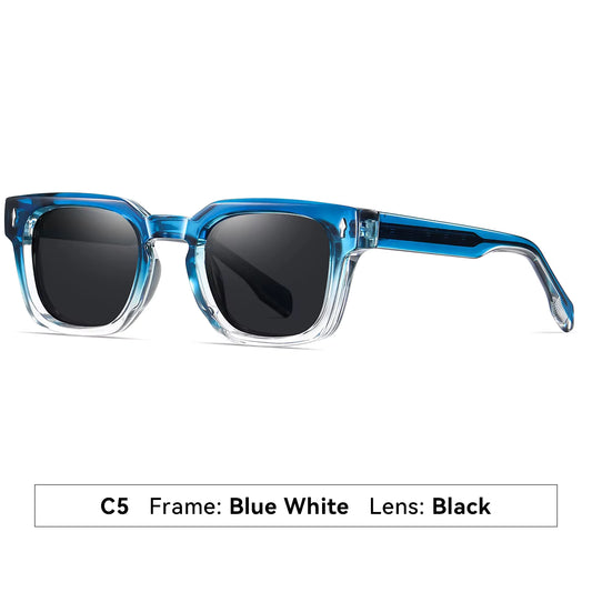 retro square polarized sunglasses featuring a transparent blue-to-white gradient frame and dark lenses